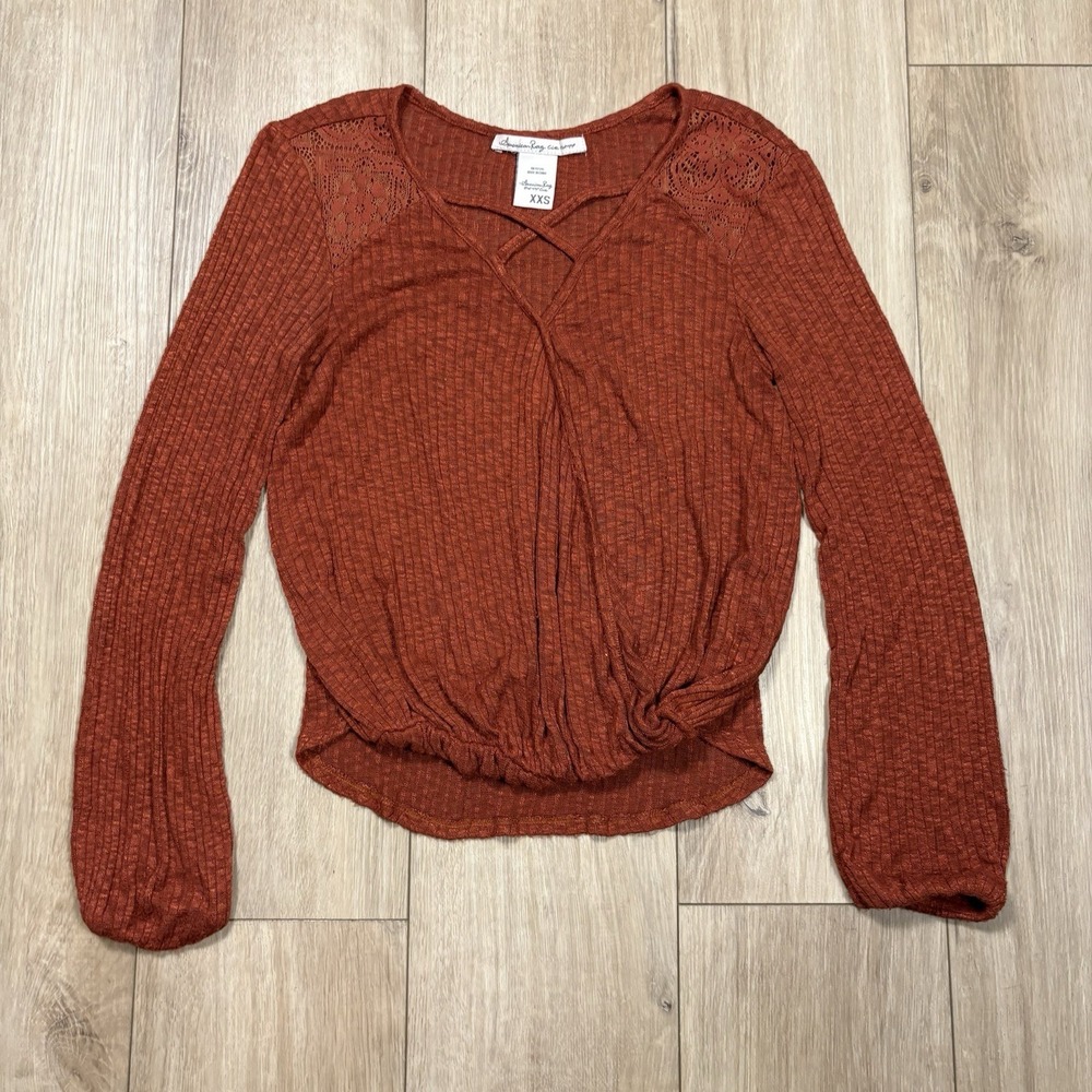 American Rag Long Sleeve V Neck Top Blouse Pullover Orange Burnt Sz XXS Relaxed‎
